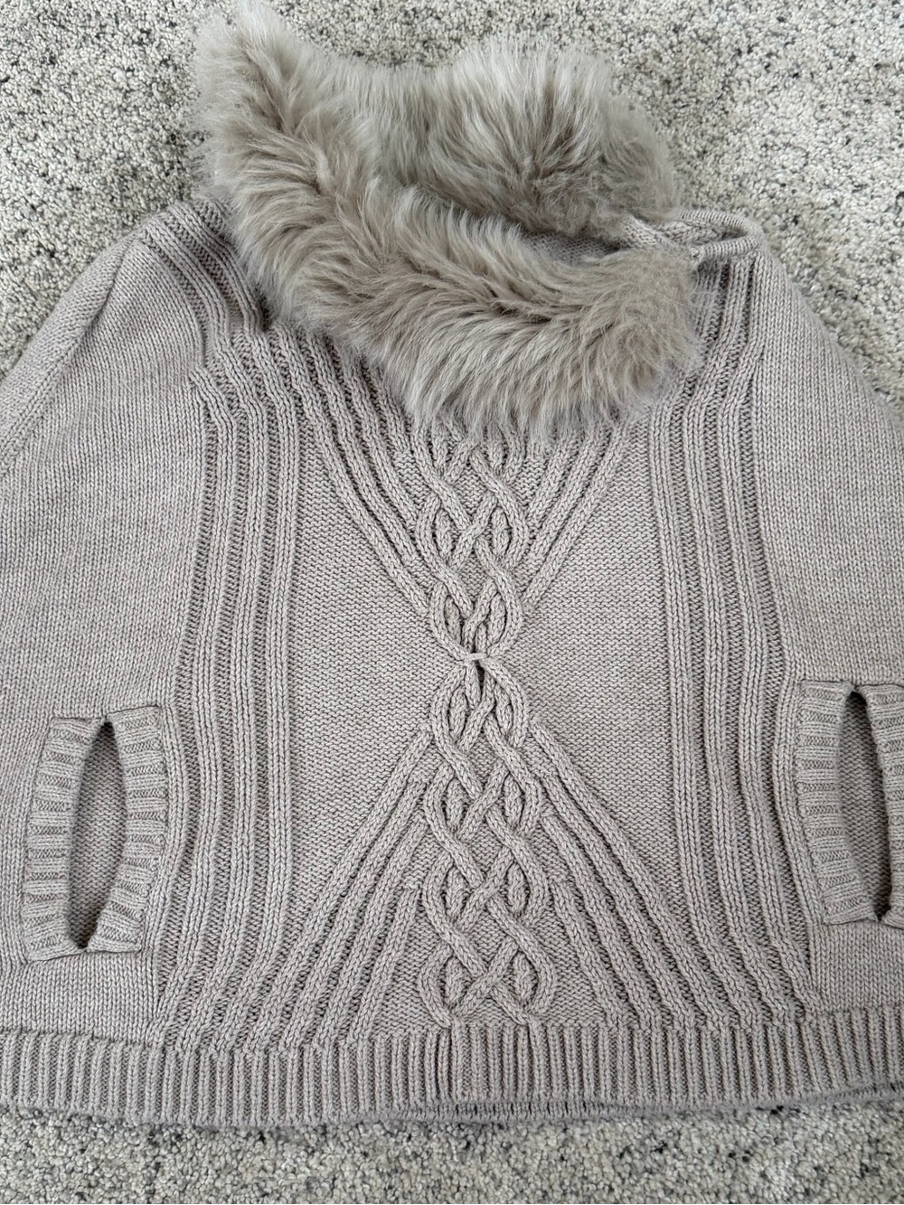 Girls Taupe Cable Knit Sweater with Faux Fur Collar
